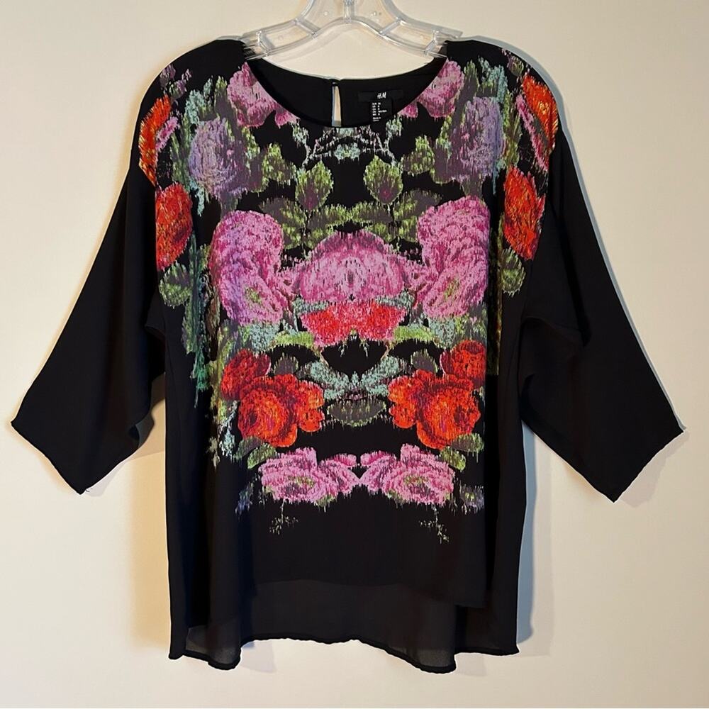 HM Black Floral Crewneck Crop Sleeves Keyhole Back Oversized Tunic Shirt Size 8